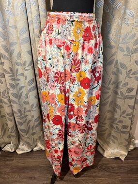 Wide-Leg Floral Smocked Waist Pants - Multicolor